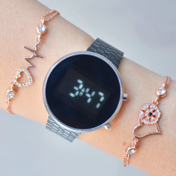 Siyah Metal Kordon Dijital Kadın Saat Kombini 3566