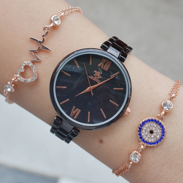 Siyah Metal Kordon Kadın Saat Kombini 2203