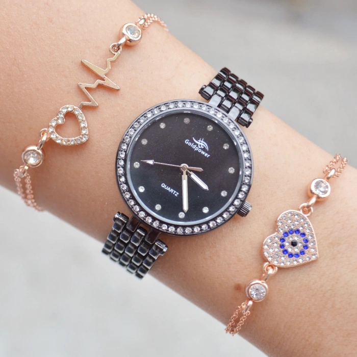 Siyah Metal Kordon Kadın Saat Kombini 2832