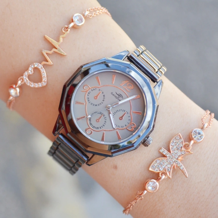 Siyah Metal Kordon Kadın Saat Kombini 1099