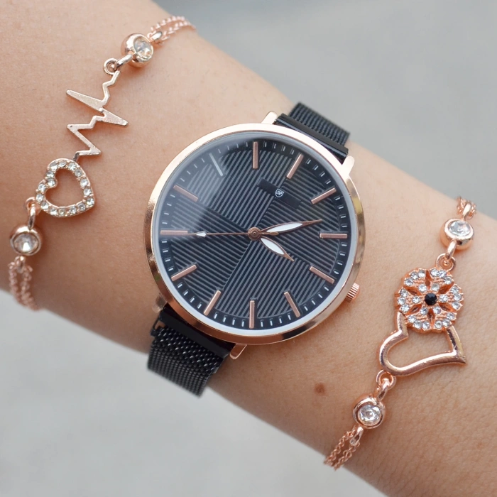 Siyah Hasır Mıknatıslı Kordon Kadın Saat Kombini 1128