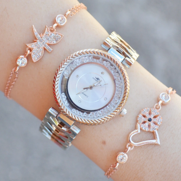 Taşlı Silver Rose Kordon Kadın Saat Kombini 1081