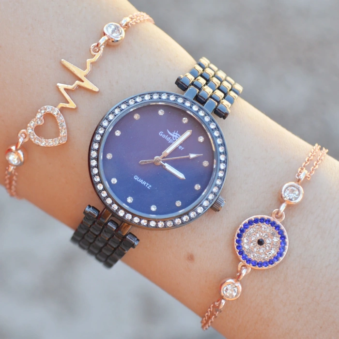 Taşlı Siyah Kordon Kadın Saat Kombini 1092