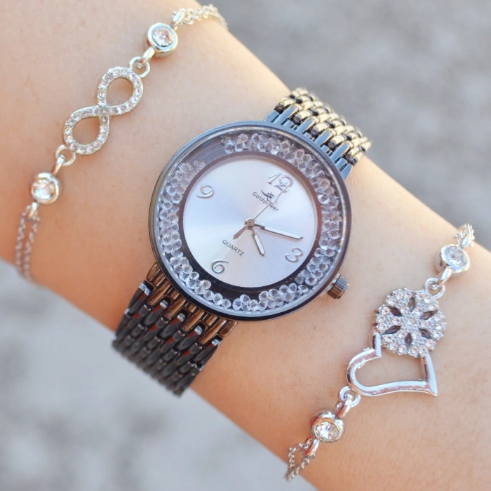 Taşlı Siyah Metal Kordon Kadın Saat Kombini 1075