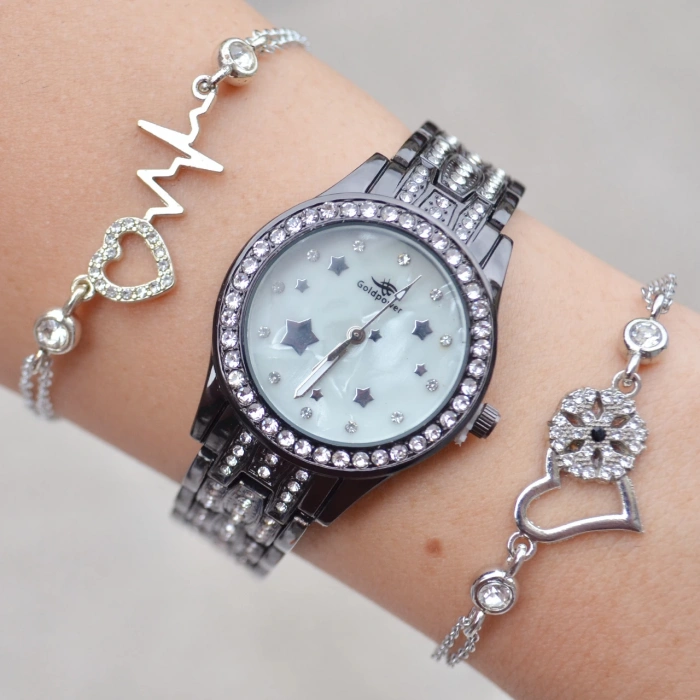 Taşlı Siyah Metal Kordon Kadın Saat Kombini 1108
