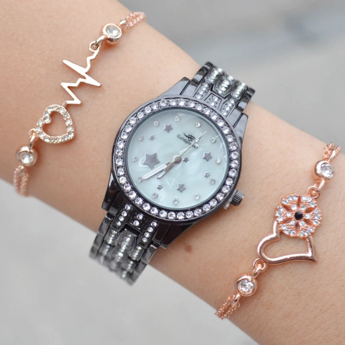 Taşlı Siyah Metal Kordon Kadın Saat Kombini 1108