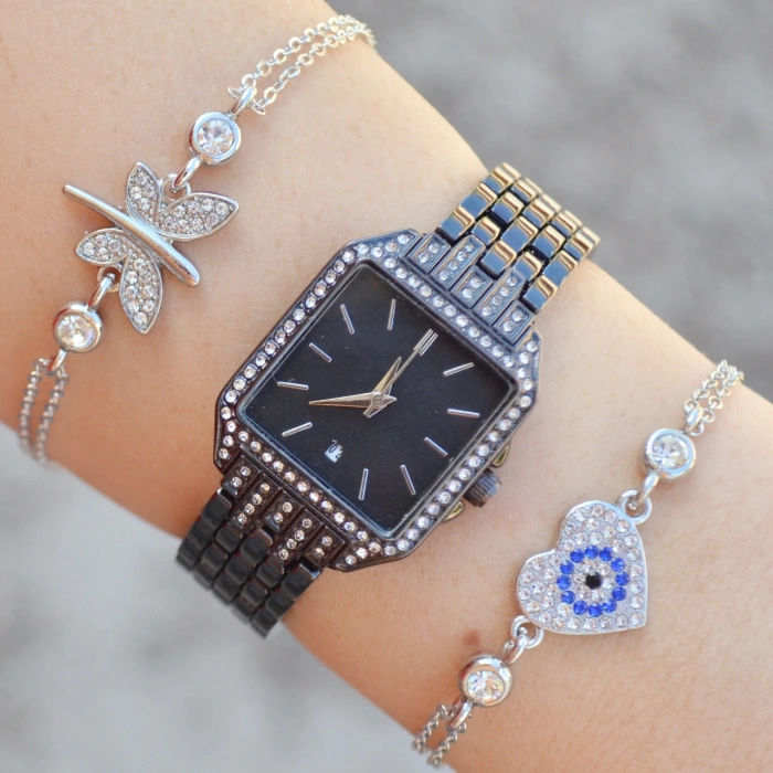 Taşlı Siyah Metal Kordon Kadın Saat Kombini 1064