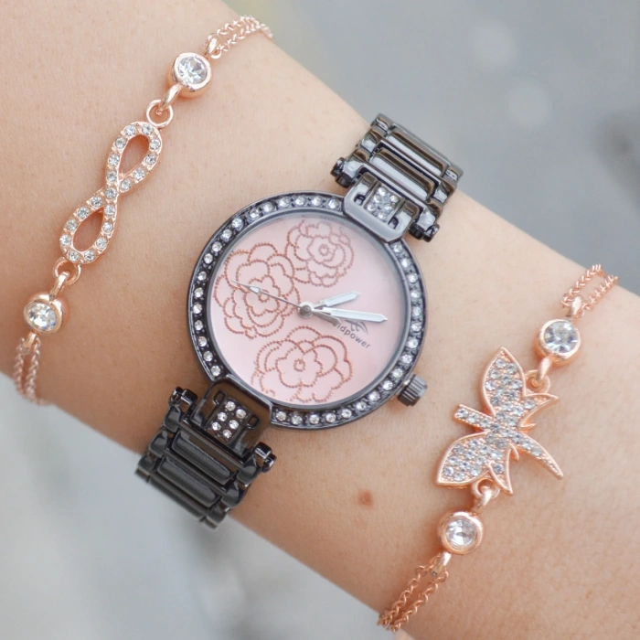 Taşlı Siyah Metal Kordon Kadın Saat Kombini 1071