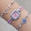 Pembe Zirkon Taşlı Silver Metal Kordon Kadın Saat Kombini 3351
