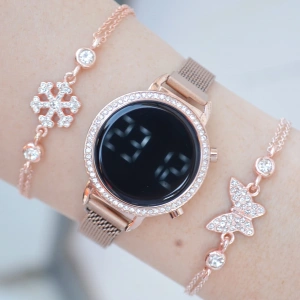 Rosegold Hasır Mıknatıslı Kordon Dijital Kadın Saat Kombini 2549