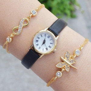 Siyah Deri Kordon Kadın Saat Kombini 3604