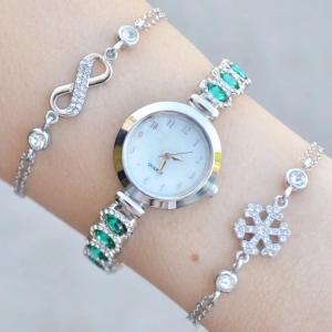 Yeşil Taşlı Silver Metal Kordon Kadın Saat Kombini 3760