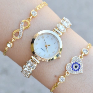 Gold Metal Kordon Kadın Saat Kombini 3762