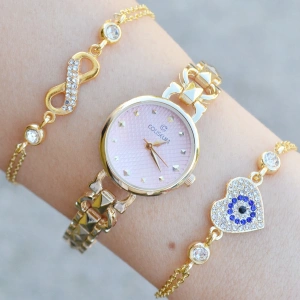 Gold Metal Kordon Kadın Saat Kombini 3763