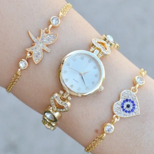 Gold Metal Kordon Kadın Saat Kombini 3764