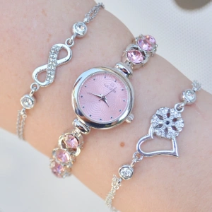 Silver Pembe Taşlı Metal Kordon Kadın Saat Kombini 3782