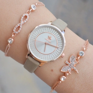 Bej Deri Kordon Kadın Saat Kombini 2207