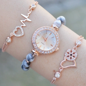 Boncuklu Metal Kordon Kadın Saat Kombini 3214