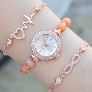 Boncuklu Metal Kordon Kadın Saat Kombini 3215