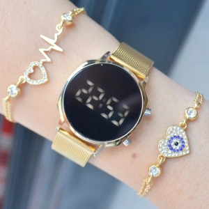 Gold Hasır Kordon Dijital Kadın Saat Kombini 3483