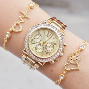 Gold Metal Kordon Kadın Saat Kombini 3218