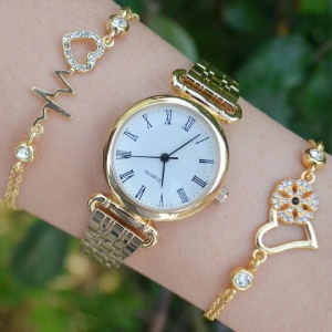 Gold Metal Kordon Kadın Saat Kombini 3434