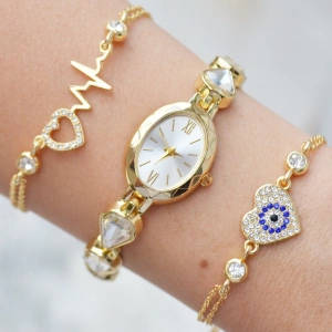 Gold Metal Kordon Kadın Saat Kombini 3455