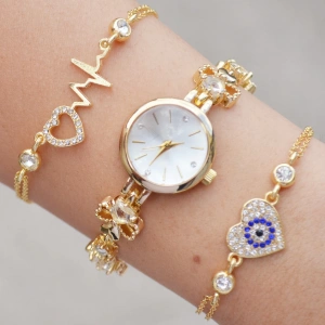 Gold Metal Kordon Kadın Saat Kombini 3462