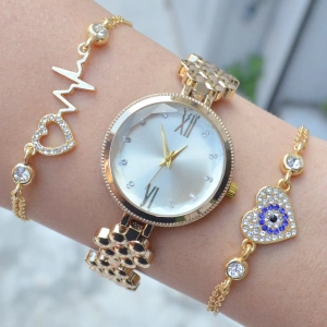 Gold Metal Kordon Kadın Saat Kombini 3475