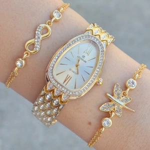 Gold Metal Kordon Kadın Saat Kombini 3582