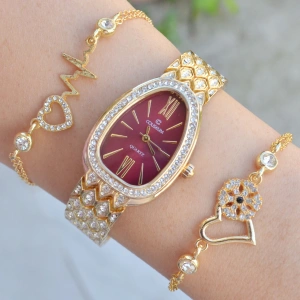 Gold Metal Kordon Kadın Saat Kombini 3583