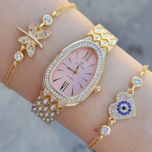 Gold Metal Kordon Kadın Saat Kombini 3584