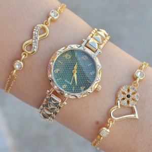 Gold Metal Kordon Kadın Saat Kombini 3595