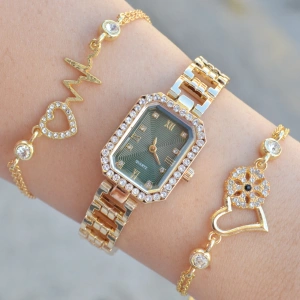 Gold Metal Kordon Kadın Saat Kombini 3596