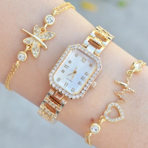 Gold Metal Kordon Kadın Saat Kombini 3598