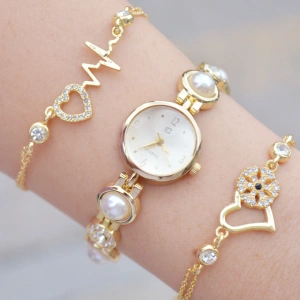 Gold Metal Kordon Kadın Saat Kombini 3599