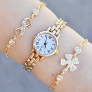 Gold Metal Kordon Kadın Saat Kombini 3600