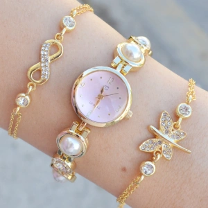 Gold Metal Kordon Kadın Saat Kombini 3608