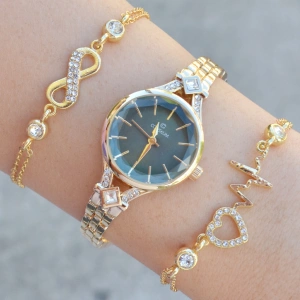 Gold Metal Kordon Kadın Saat Kombini 3617