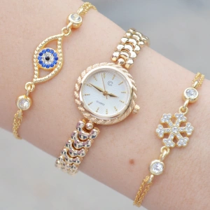 Gold Metal Kordon Kadın Saat Kombini 3626