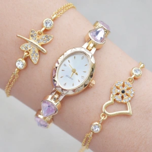 Gold Metal Kordon Kadın Saat Kombini 3640