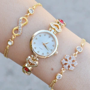 Gold Metal Kordon Kadın Saat Kombini 3756