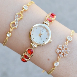 Kırmızı Taşlı Gold Metal Kordon Kadın Saat Kombini 3758