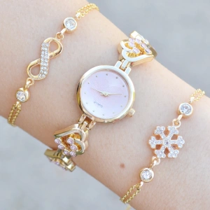 Gold Metal Kordon Kadın Saat Kombini 3759