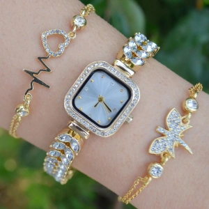 Gold Taşlı Metal Kordon Kadın Saat Kombini 3431