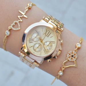 Gold Metal Kordon Kadın Saat Kombini 9814