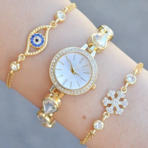 Gold Taşlı Metal Kordon Kadın Saat Kombinin3634