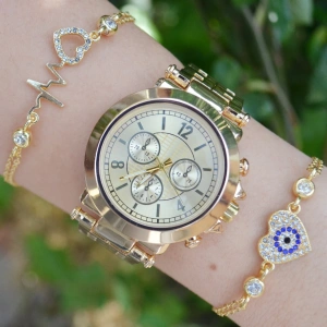 Gold Metal Kordon Kadın Saat Kombini 1556