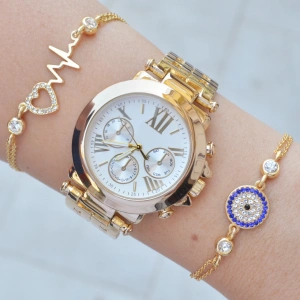 Gold Metal Kordon Kadın Saat Kombini 9815