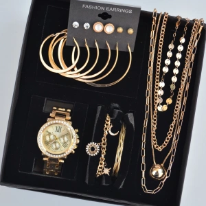 Gold Kolye Küpe Bileklik Saat Seti 3674